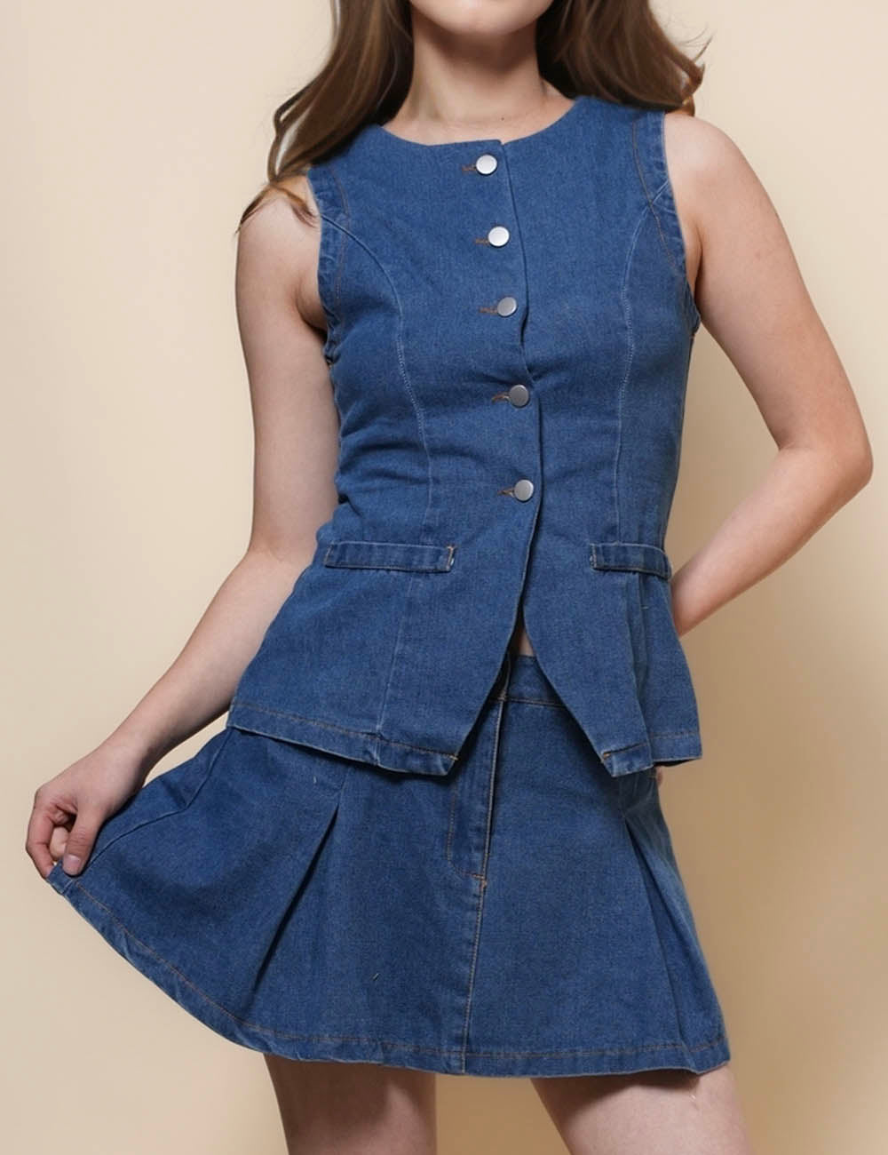 Ladies Sleeveless Denim Vest Skirt 2PCS Set SKST50092