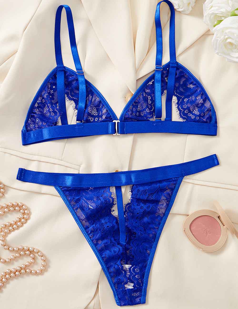 Ladies Sexy Sheer Lace Open Crotch Underwear Lingerie Set