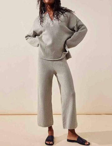Ladies V-Neck Buttton Long Sleeves Waffle Top & Pants Sweater Set