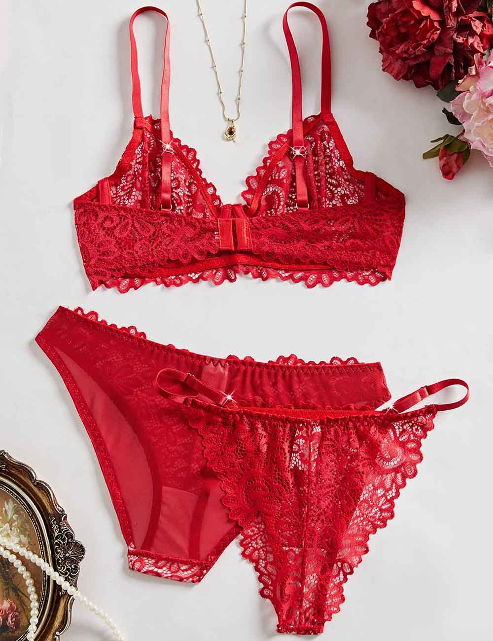 Ladies Lace Floral Bra & Thong & Panty 3PCS Lingerie Set