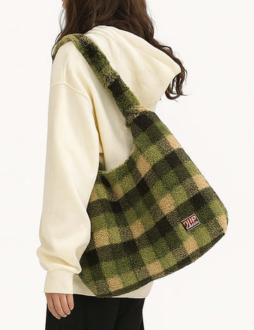 Ladies Sherpa Hanging Bag Plaid Pattern Shoulder Bag