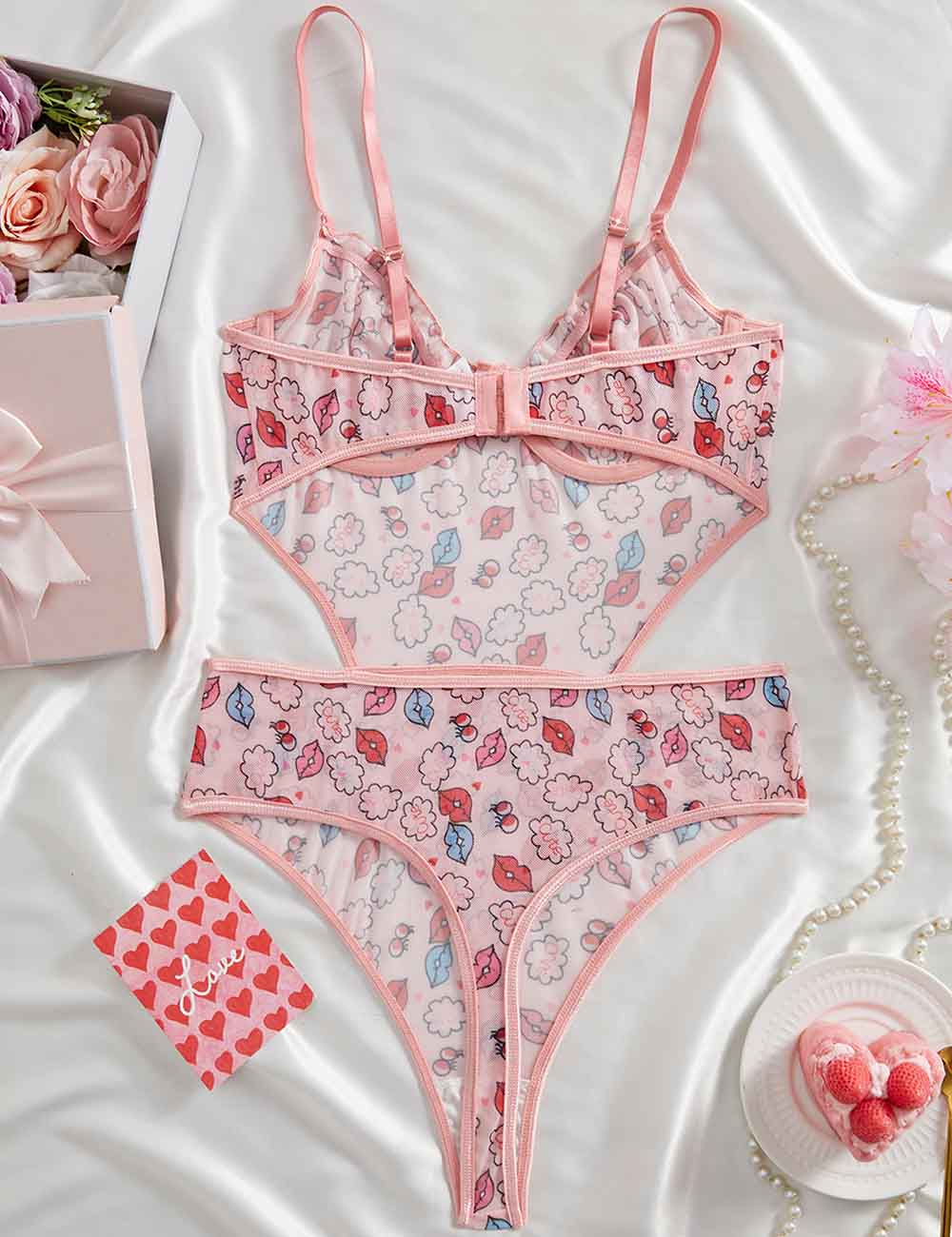 Ladies Cute Lip Print See Sheer Cut-Out Lingerie Teddy
