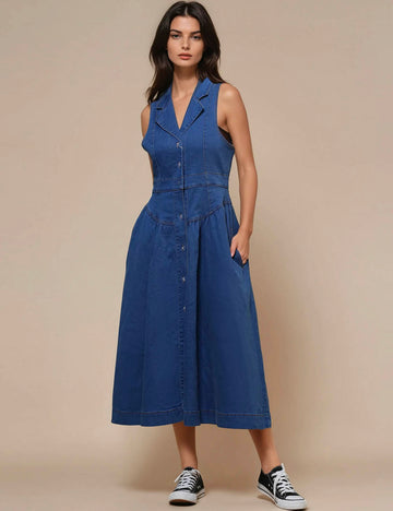 Ladies V-Neck Sleeveless Button Denim Midi Dress SKD50016