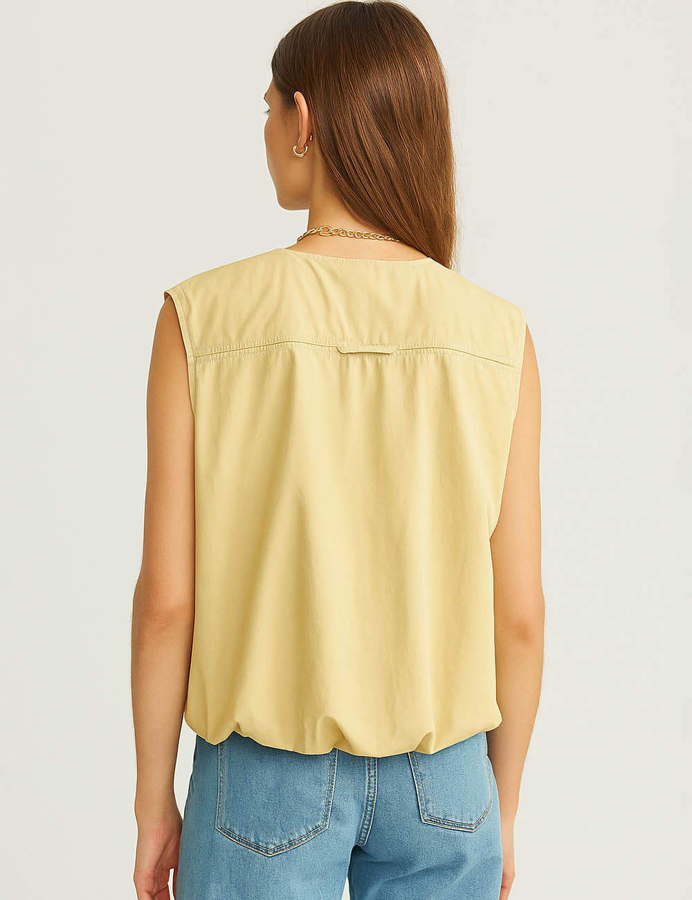 Ladies Solid Color Crew Neck Sleeveless Ruched Vest 2659