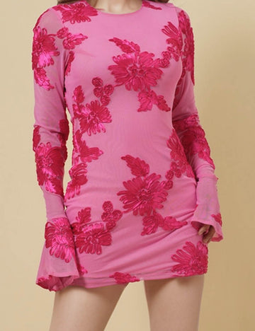 Ladies Round Neck Open Back Floral Ribbon Min Dress 8SKD51349