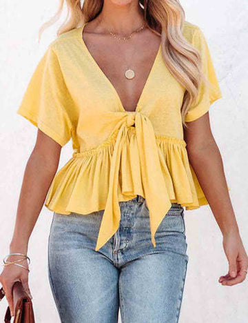 Ladies Solid Color Ruffle String Tie Short Sleeves Top