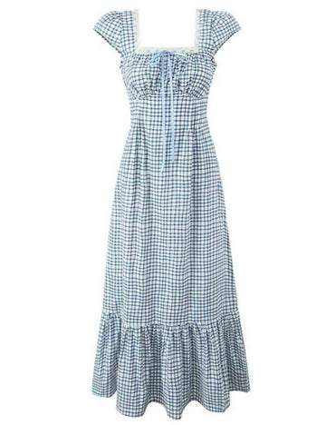 Ladies Checked String Tie Short Sleeves Maxi Dress