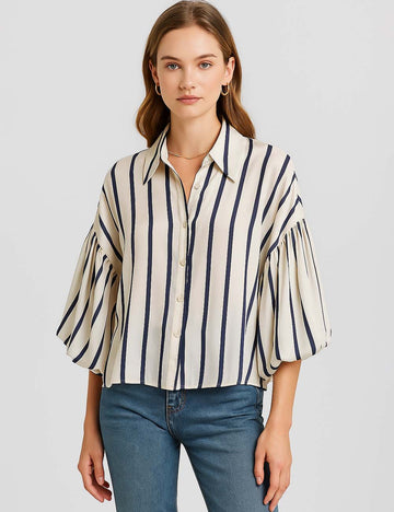 Ladies Striped Puff Sleeves Button Shirt SP068