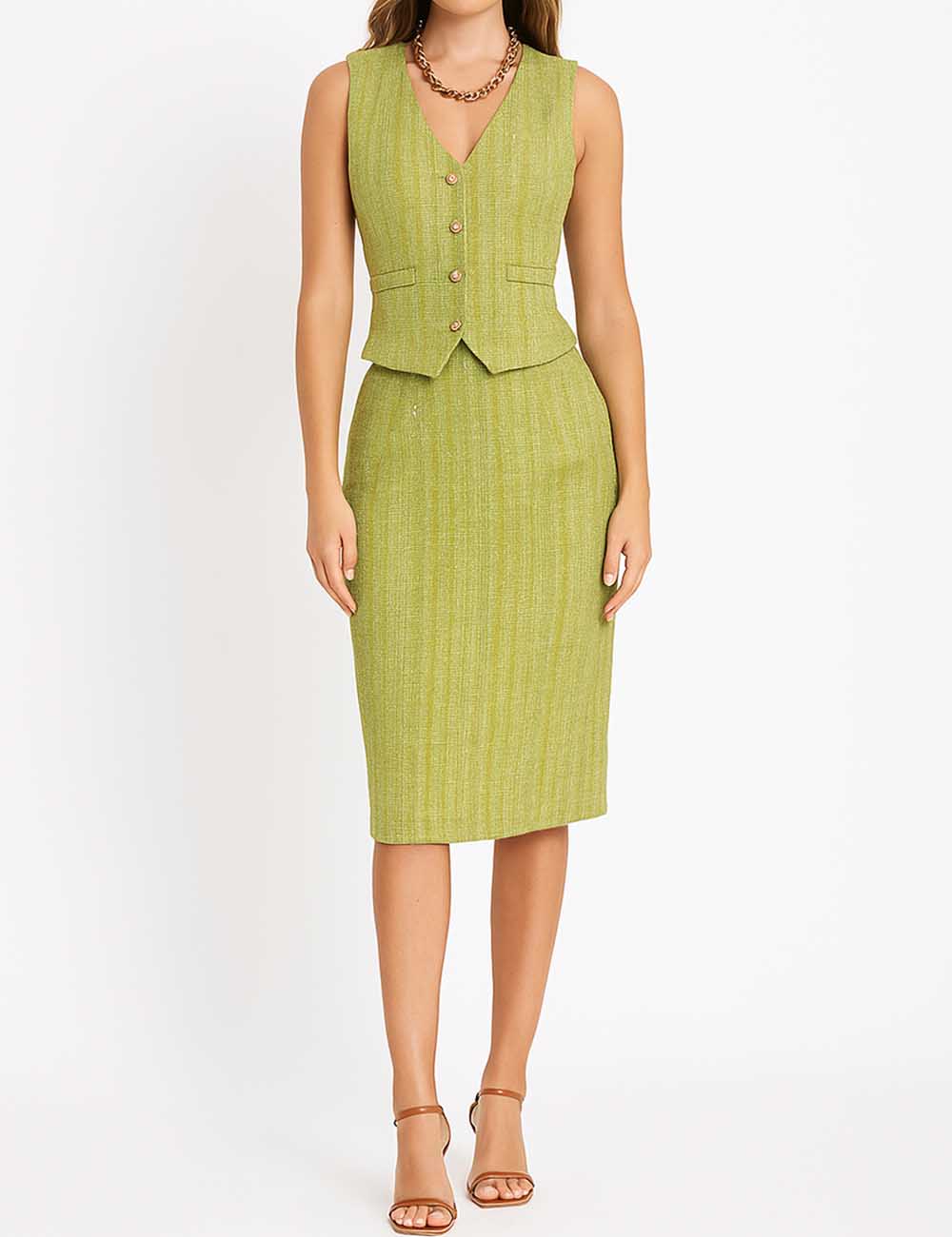 Ladies Solid Color Tweed V-Neck Button Vest & Skirt Set