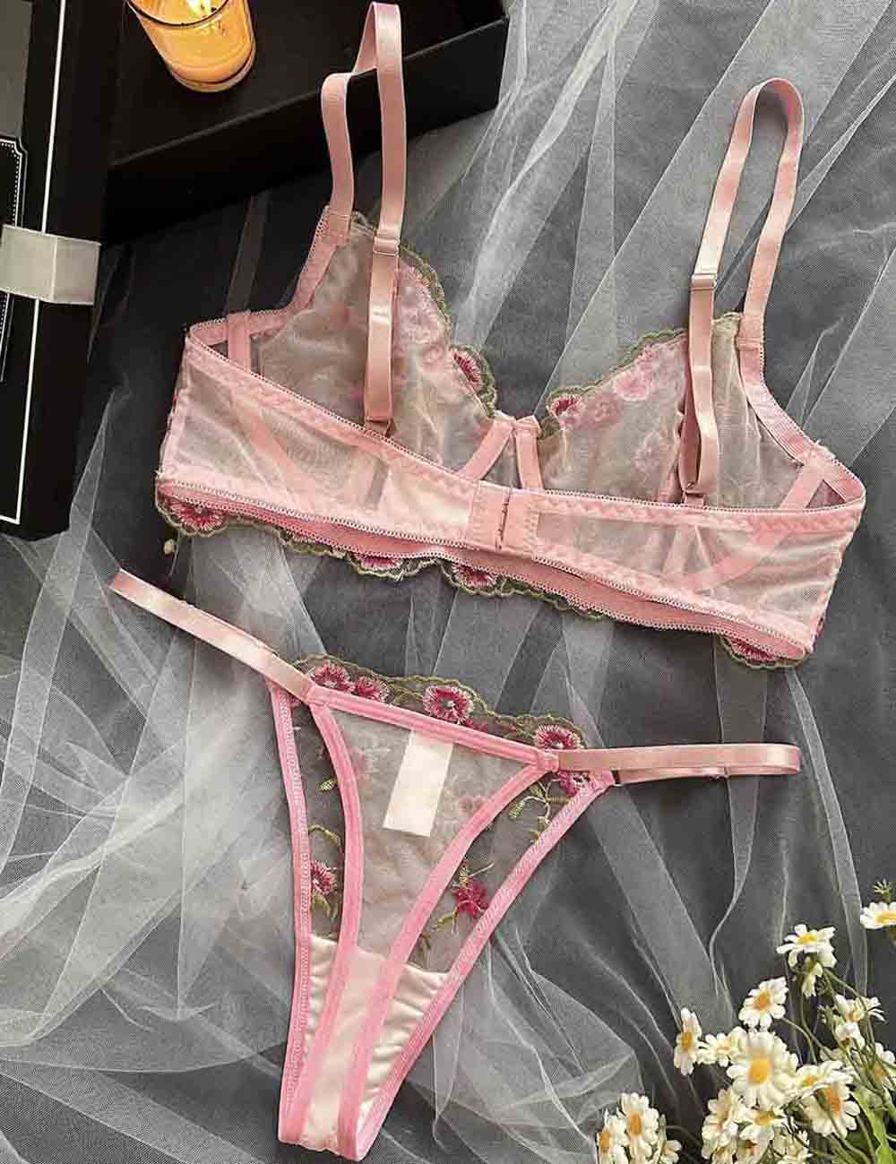 Ladies Floral Embroidery See Through 2PCS Lingerie Set 8HF4029