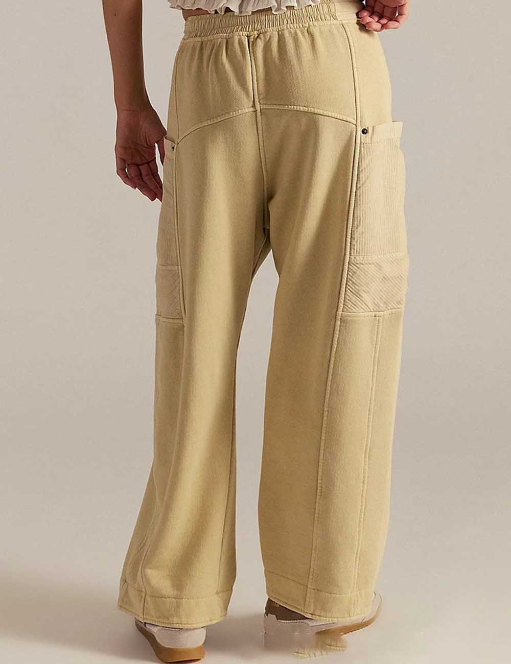 Ladies Elastic Waist Drawstring Pockets Stright Leg Denim Pants