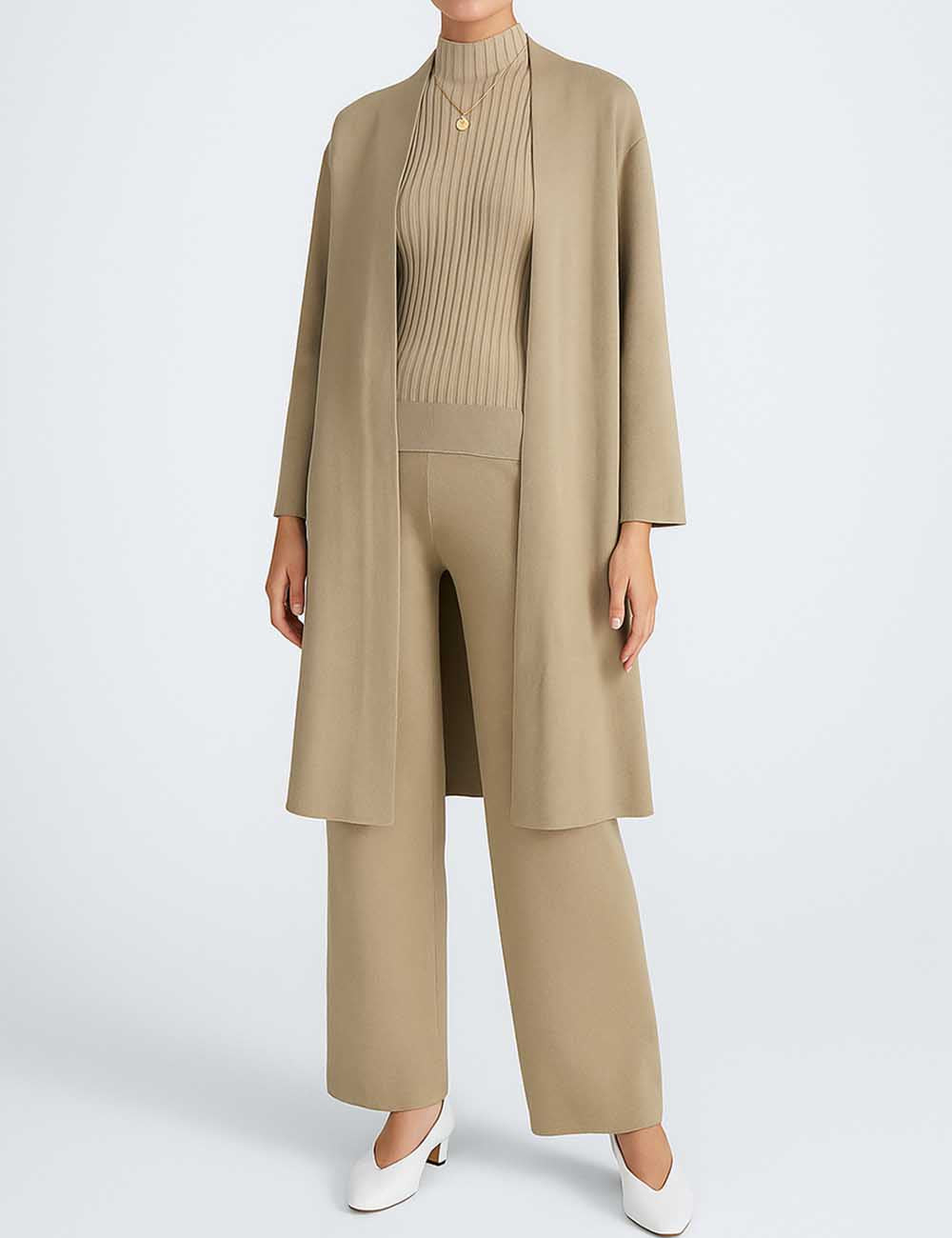 Ladies Solid Color Open Knit Cardigan & Pants 3PCS Set