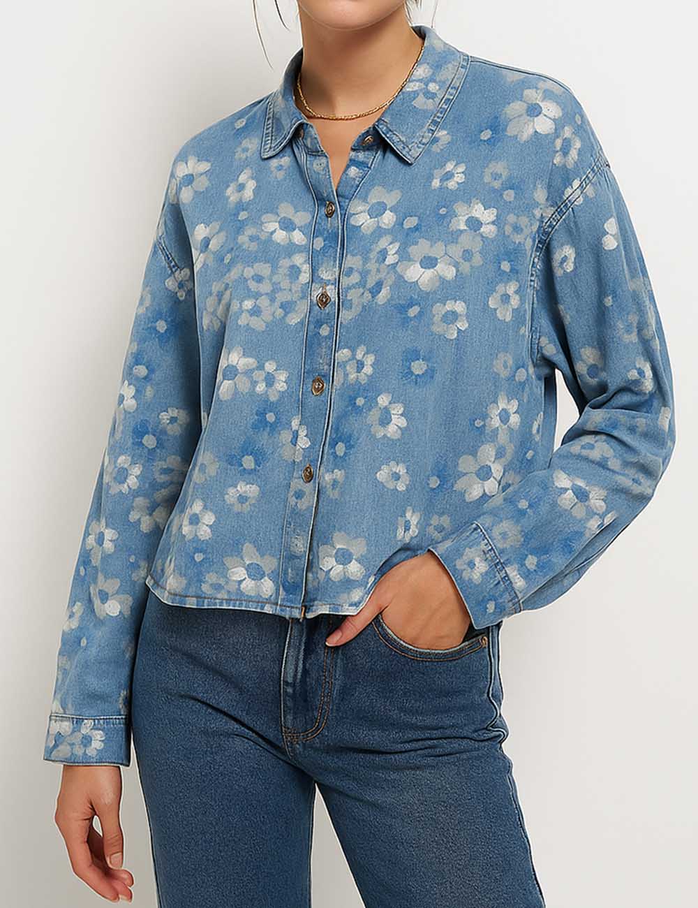 Ladies Floarl Print Turndown Collar Button Denim Shirt