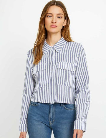 Ladies Striped Color Block Button Down Cropped Shirt