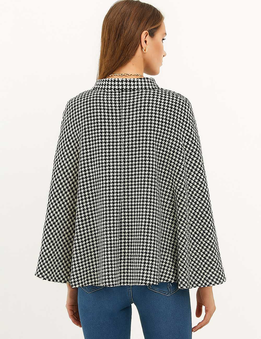 Ladies Houndstooth Wool Blend Belted Tie Front Cape Coat