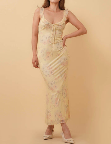 Ladies Floral Print V-Neck Ruffle Maxi Dress 8SKD51256