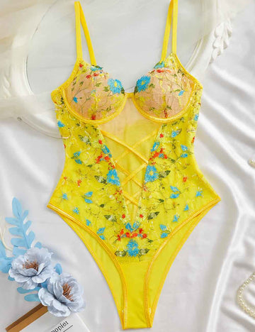 Ladies Sexy Embroidery Sheer Mesh Crossover Lingerie Teddy