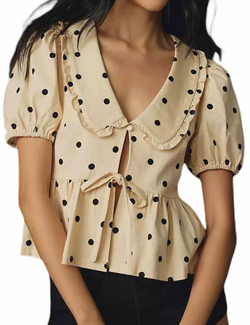 Ladies Doll Collar Puff Sleeves Polka Dot Top