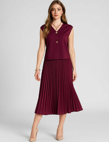 Ladies V-Neck Metal Button Knit Vest & Pleated Skirt 2PCS Set