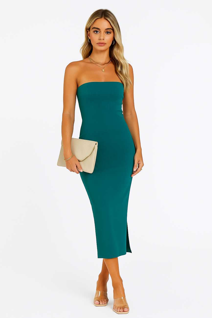 Ladies Solid Color Stretch Tube Side Split Bodycon Maxi Dress