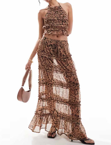 Ladies Leopard Halter Backless Tiered Ruffle Top & Skirt Set