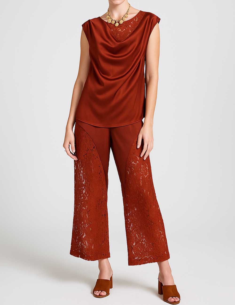 Ladies Lace Embroidery Wrinkle Sleeves Top & Pants Set