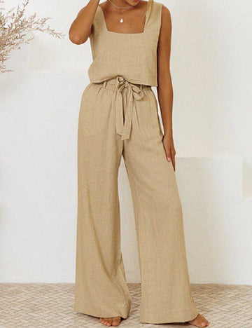 Ladies Solid Color Strap Shoulder Tank Top & Pants 2PCS Set