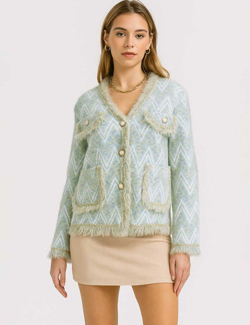 Ladies V-Neck Button Pocket Fringe Sweater Blazer Coat