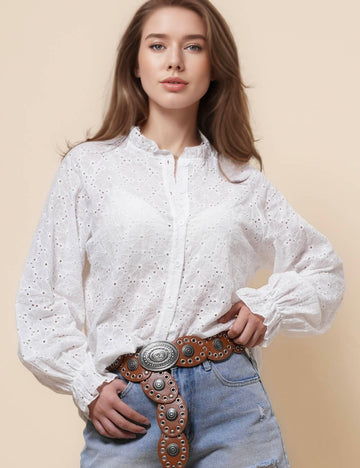Ladies Eyelet Solid Color Botton Shirt SKT41150