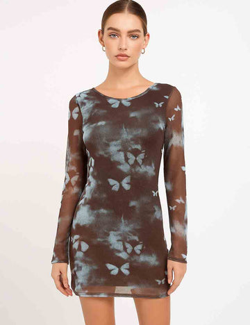 Ladies Butterfly Print Round Neck Scoop Back Mesh Mini Dress