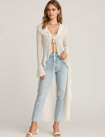 SKDKX15 Women Lux Sparkle Lace Ruffle Tie Front Sheer Duster Cardigan