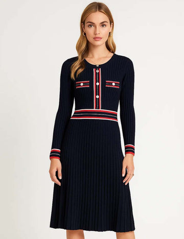 Ladies Striped Long Sleeves Pleated Knit Midi Dress