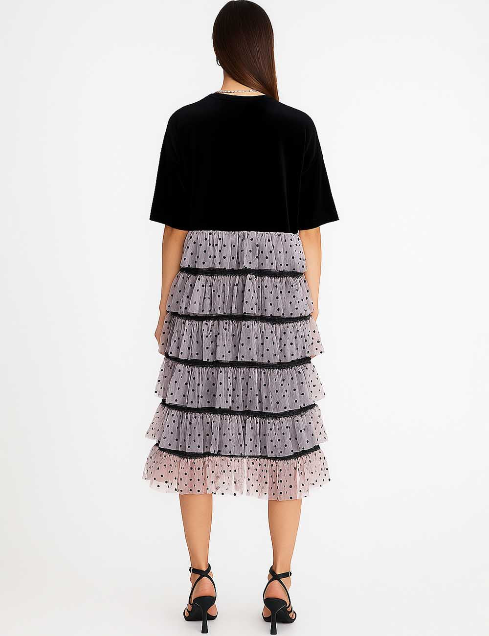 Ladies Velvet Color Block Polka Dot Puff Midi Dress