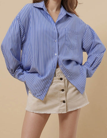 Ladies Striped Color Block Button Down Shirt 8SKT51161