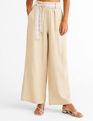 Ladies Solid Color Lace Belt Wide Pants