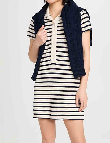 Ladies Striped Polo Collar Short Sleeves Knit Mini Dress