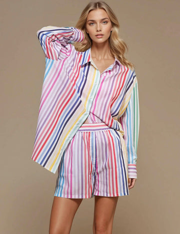 Ladies Multicolor Stripe Print Shirt Shorts 2PCS Set SKST50317