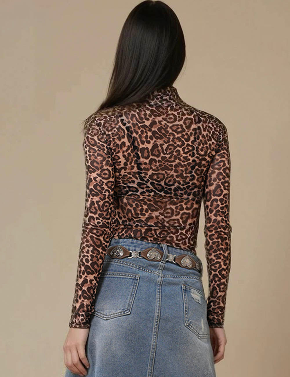 Ladies Leopard Soft Mesh Layring Up Top Blouse SKT4796