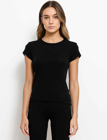 Ladies Rose Embroidery Short Sleeves T-Shirt