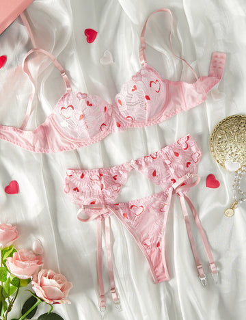 Ladies Valentine Heart Lace 3PCS Lingerie Set SKLG4047