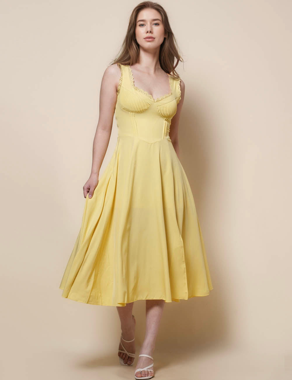 Ladies Solid Color Sleeveless V-Neck Midi Dress SKD41303
