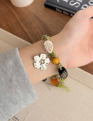 Ladies Woven Rope Bead & Flower Pendant Bracelet