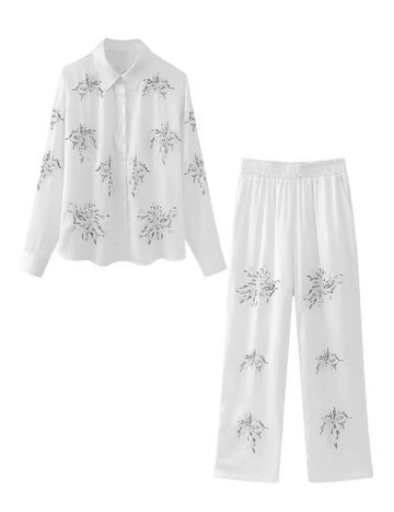 Ladies Beads Flower Shirt with Pants 2PCS Set SKST50352