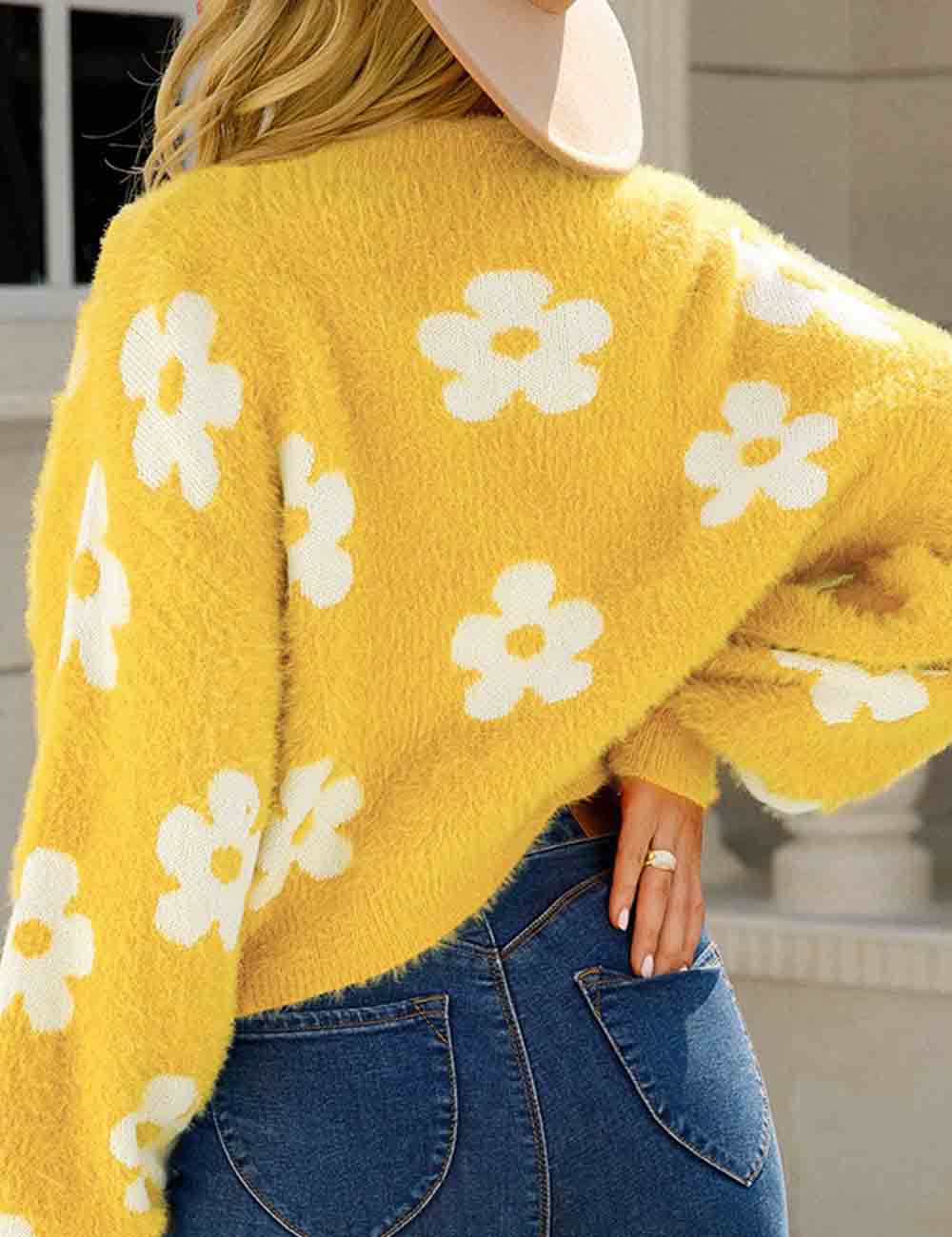 Ladies Color Block Floral Print Long Sleeves Knit Cardigan