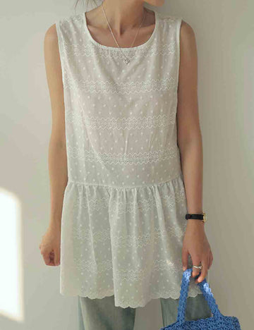 Ladies Jacquard Dot Floral Embroidery Sleeveless Babydoll Mini Dress