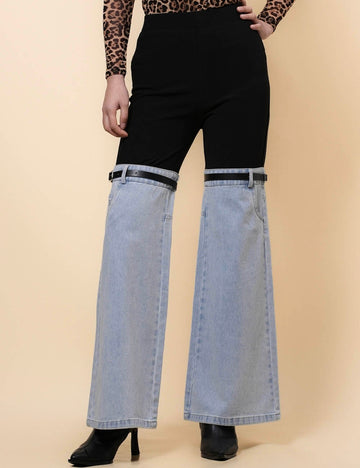 Ladies Color Block Falre Leg Denim Pants SKP41195