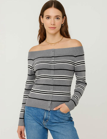 Ladies Color Block Striped Folder Off-Shoulder Knit Top Everyday Blouse
