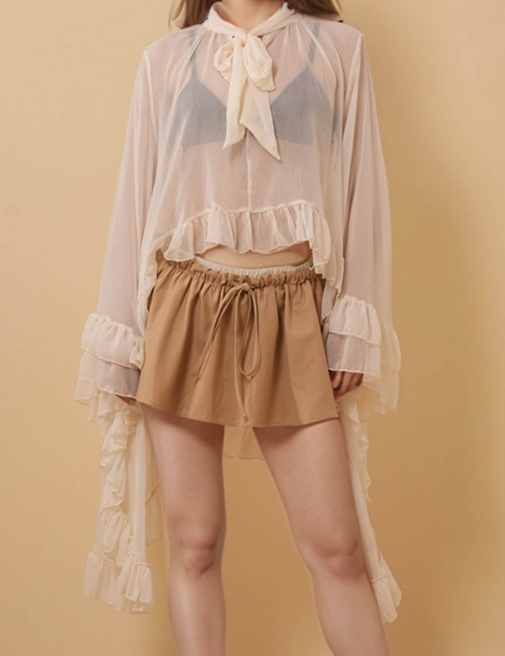 Ladies V-Neck Knot Ruffle Long Sleeves Pullover Shirt 8SKT51317