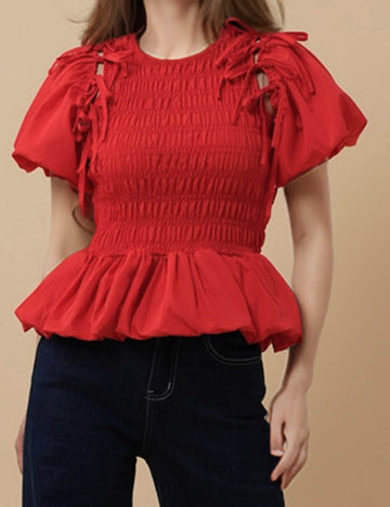Ladies Solid Color Ruffle Short Puff Sleeves Blouse 8SKT51330
