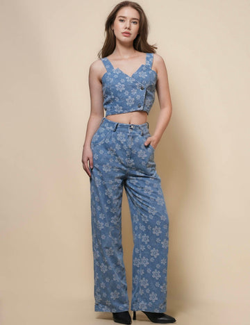 Ladies Cami Top & Wide Leg Pants Denim Set SKST50097